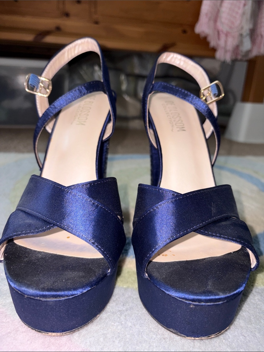De Blossom Collection Navy Satin Heeled Sandals with Embellished Heels